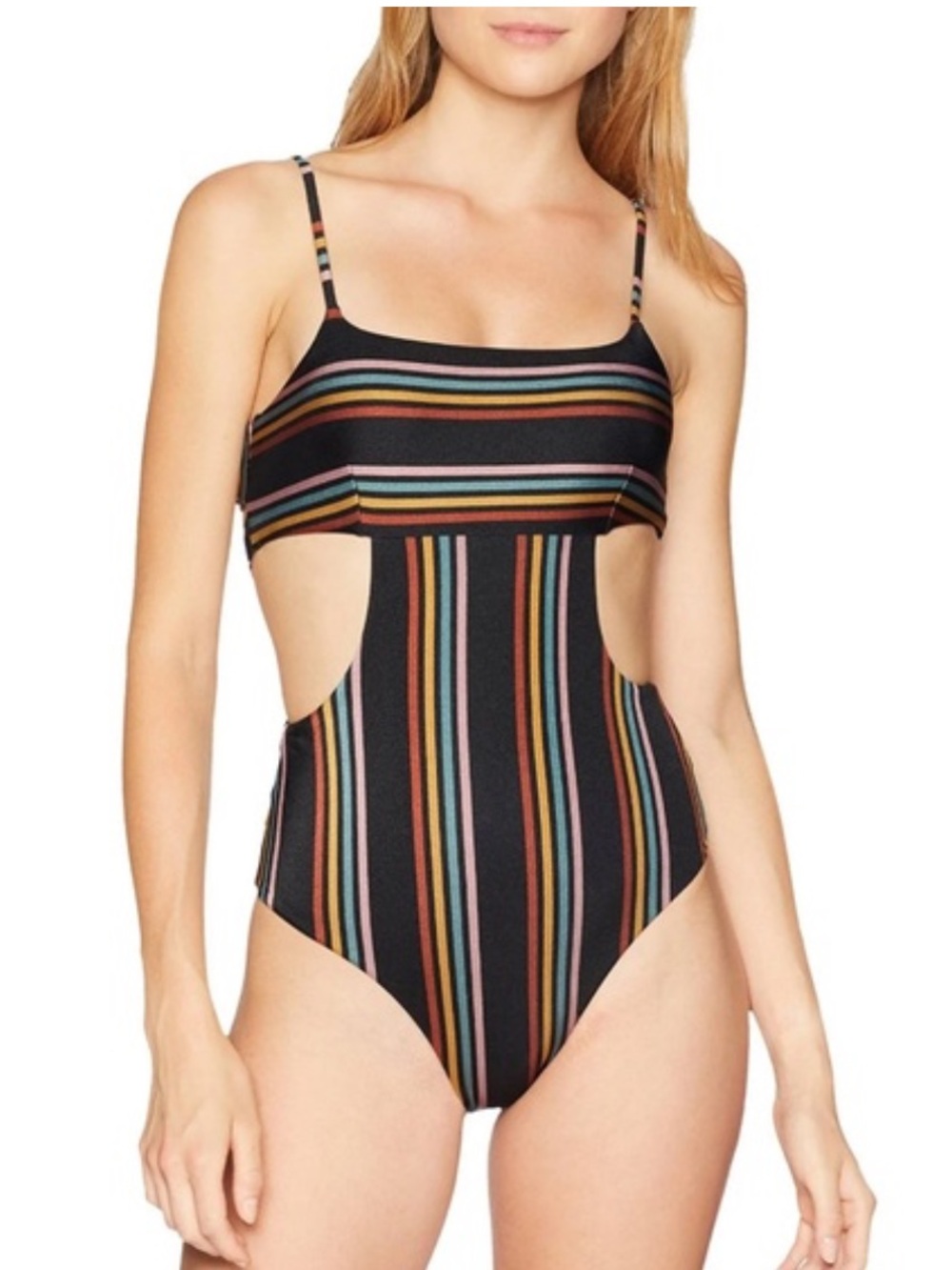 NWT RVCA Side Line One-Piece Swimsuit, Black/Multi-Color Stripes & Side Cutouts